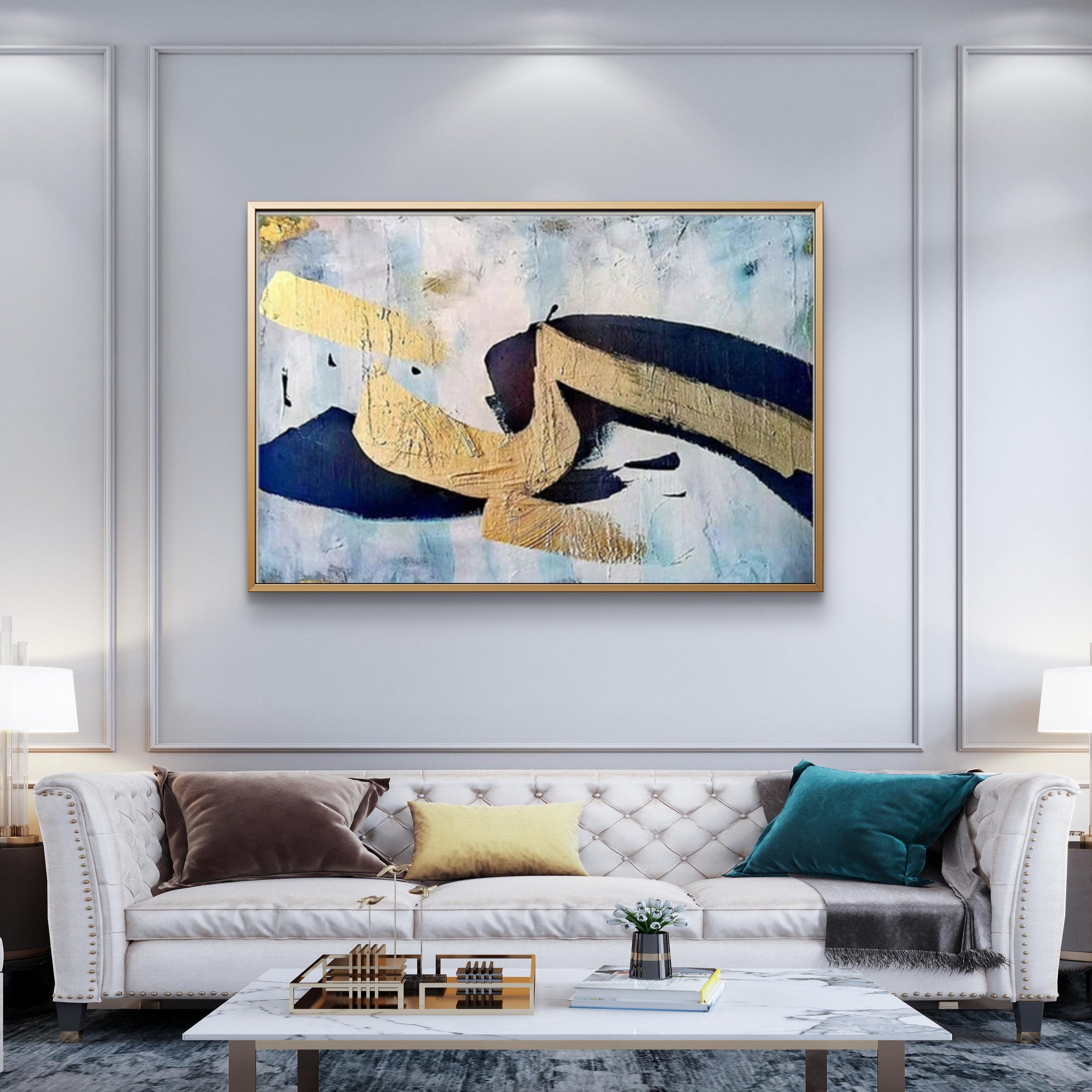 Golden Motion – Navy & Gold Textured Abstract Painting on Canvas – My ...