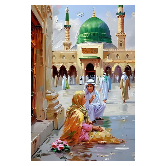 Original Hand-Painted Green Dome Islamic Mosque Wall Art