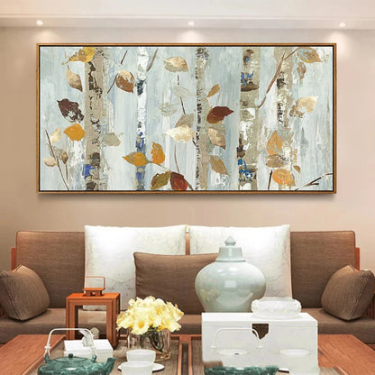 Room mockup showing pale birch trunks with ochre, cream and brown leaves against softly streaked grey-blue woodland.