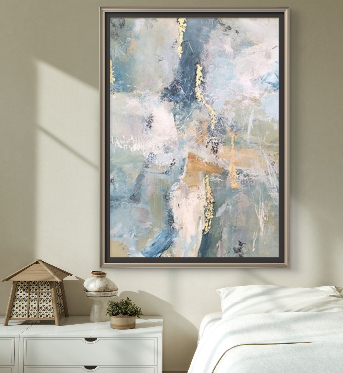 Room mockup. Pale blue, pink and grey scraped fields with thin gold-coloured marks and muted ochre horizontal strokes.