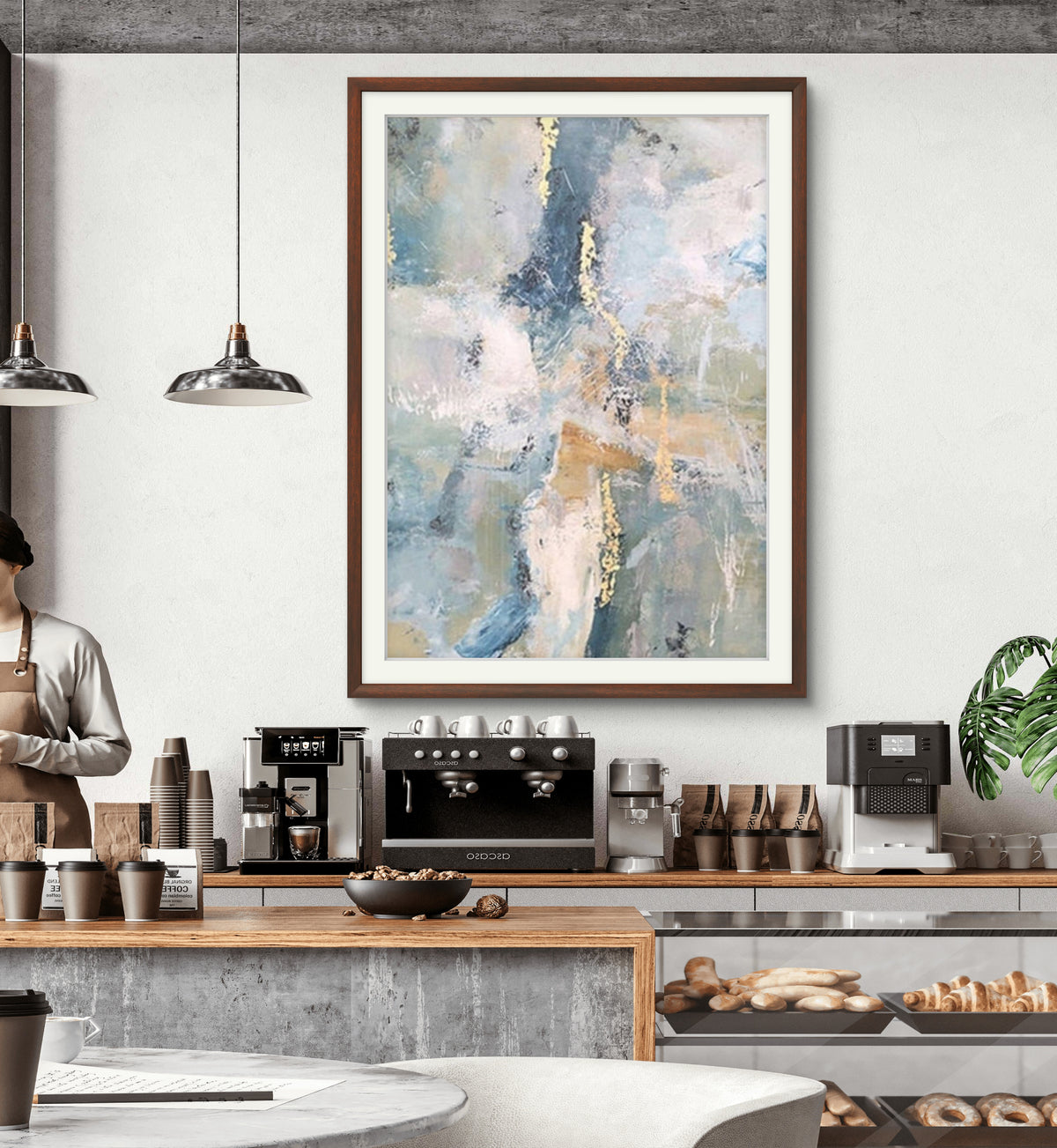 Room mockup. Pale blue, pink and grey scraped fields with thin gold-coloured marks and muted ochre horizontal strokes.