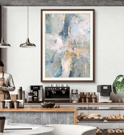 Room mockup. Pale blue, pink and grey scraped fields with thin gold-coloured marks and muted ochre horizontal strokes.