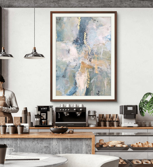 Room mockup. Pale blue, pink and grey scraped fields with thin gold-coloured marks and muted ochre horizontal strokes.