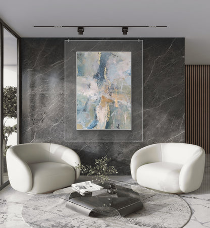 Room mockup. Pale blue, pink and grey scraped fields with thin gold-coloured marks and muted ochre horizontal strokes.