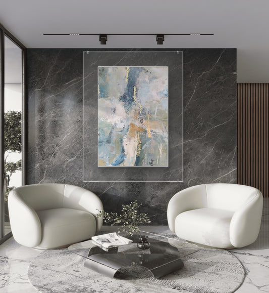 Room mockup. Pale blue, pink and grey scraped fields with thin gold-coloured marks and muted ochre horizontal strokes.