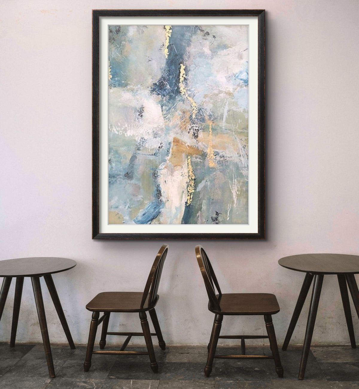 Room mockup. Pale blue, pink and grey scraped fields with thin gold-coloured marks and muted ochre horizontal strokes.