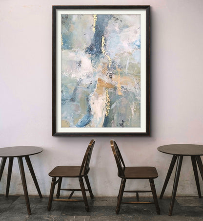 Room mockup. Pale blue, pink and grey scraped fields with thin gold-coloured marks and muted ochre horizontal strokes.