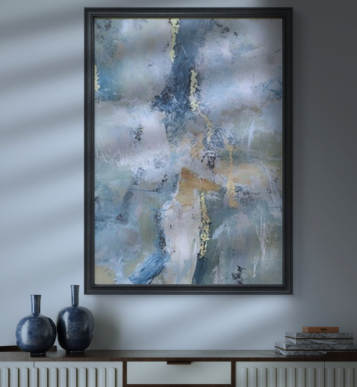 Room mockup. Pale blue, pink and grey scraped fields with thin gold-coloured marks and muted ochre horizontal strokes.