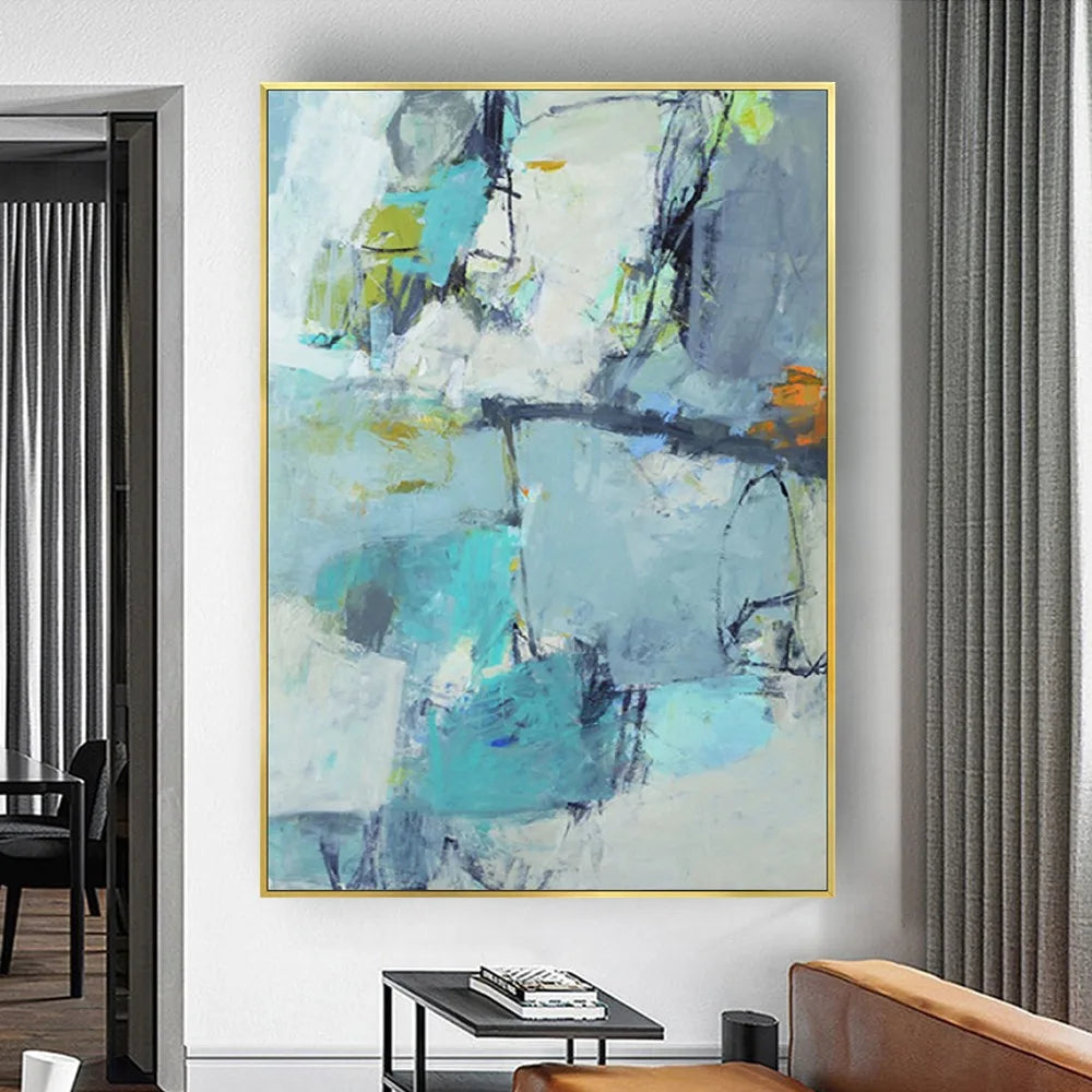 Room mockup showing pale blue and turquoise abstract blocks crossed by dark sketch-like lines with small lime and orange accents.