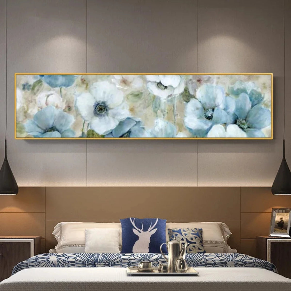 Room mockup showing large pale blue and white flowers with dark centres against a mottled green and grey background.