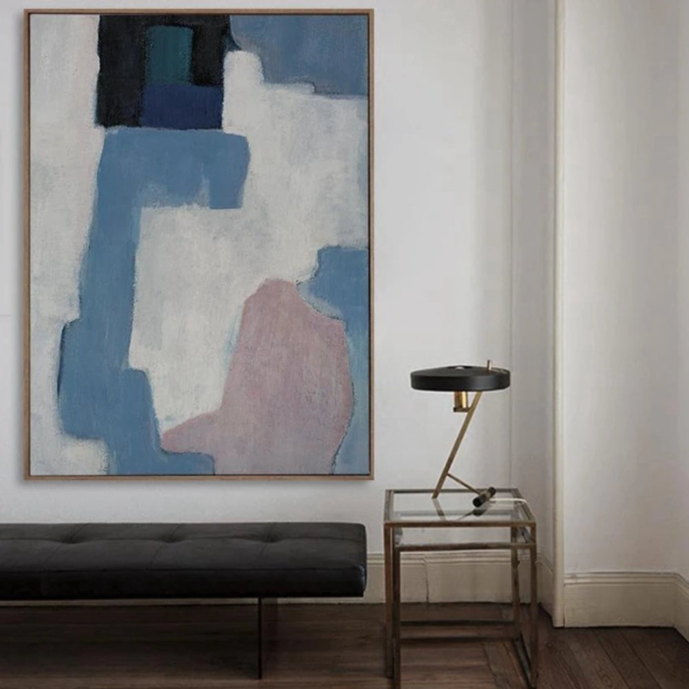 Room mockup showing pale grey field crossed by blue rectangular shapes with small black upper blocks and a dusty pink lower form.
