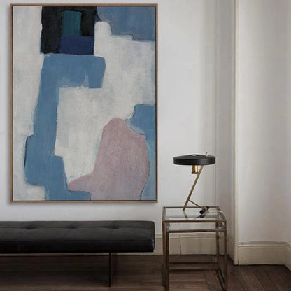 Room mockup showing pale grey field crossed by blue rectangular shapes with small black upper blocks and a dusty pink lower form.