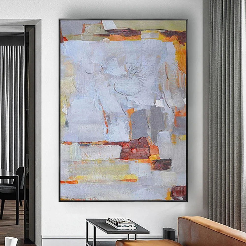 Room mockup showing pale grey and white abstract blocks with muted ochre, orange and red accents and faint curved lines.