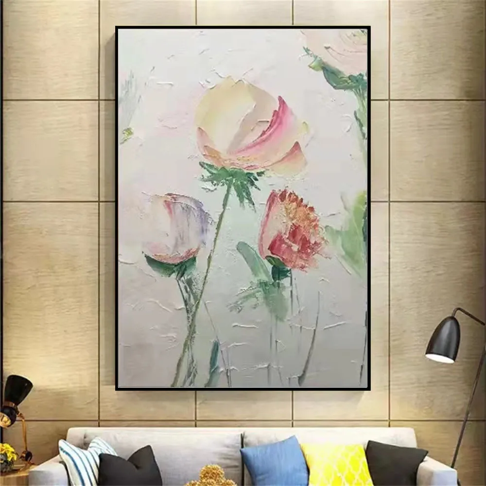 Room mockup showing pale pink and cream blossoms with slender green stems against a soft ivory background.