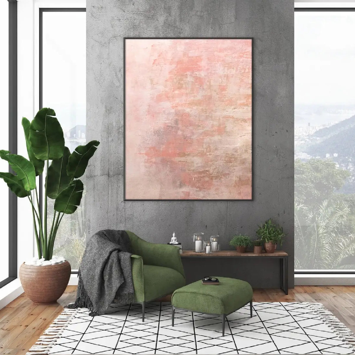 Room mockup. Soft pale pink and cream layers with muted grey patches and fine rough scraped texture.