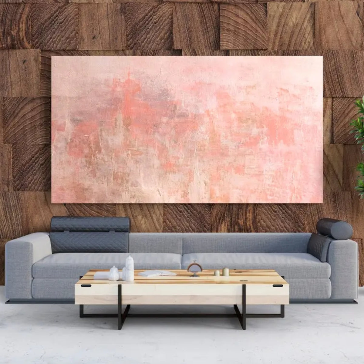 Room mockup. Soft pale pink and cream layers with muted grey patches and fine rough scraped texture.