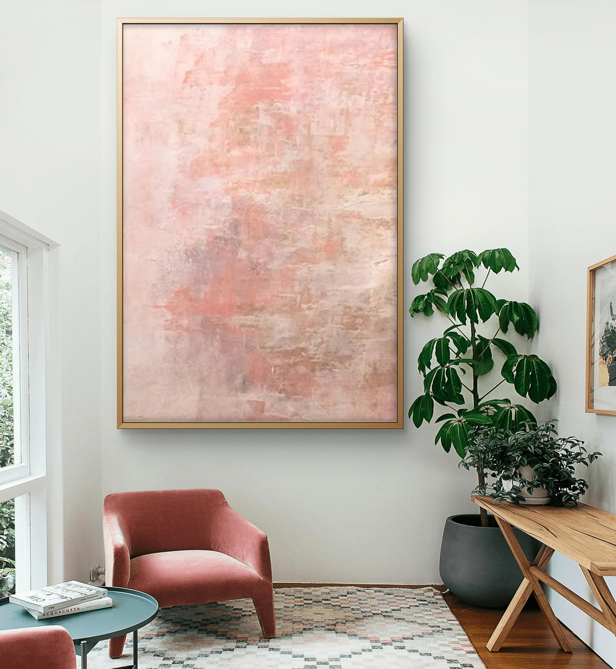 Room mockup. Soft pale pink and cream layers with muted grey patches and fine rough scraped texture.