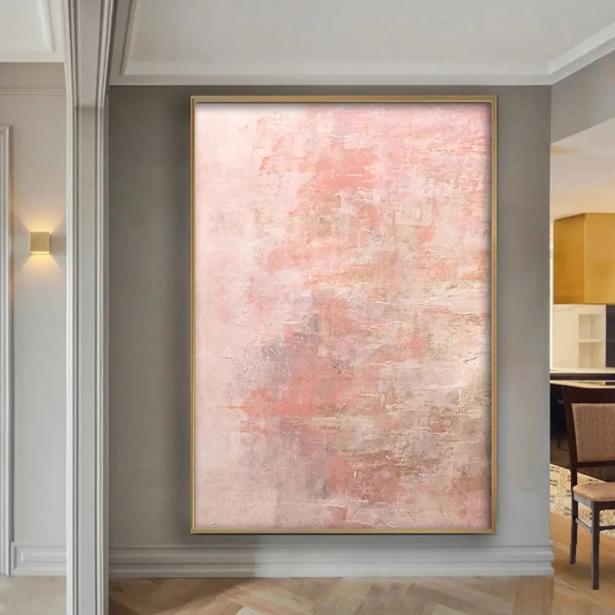 Room mockup. Soft pale pink and cream layers with muted grey patches and fine rough scraped texture.
