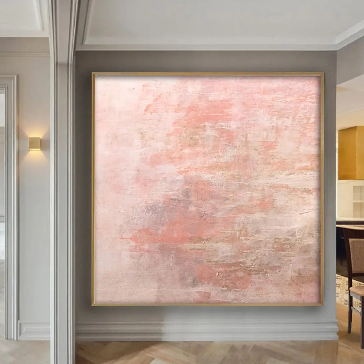 Room mockup. Soft pale pink and cream layers with muted grey patches and fine rough scraped texture.