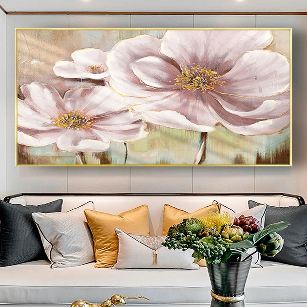Room mockup showing large pale pink blossoms with softly folded petals and gold-coloured centres against a warm beige background.
