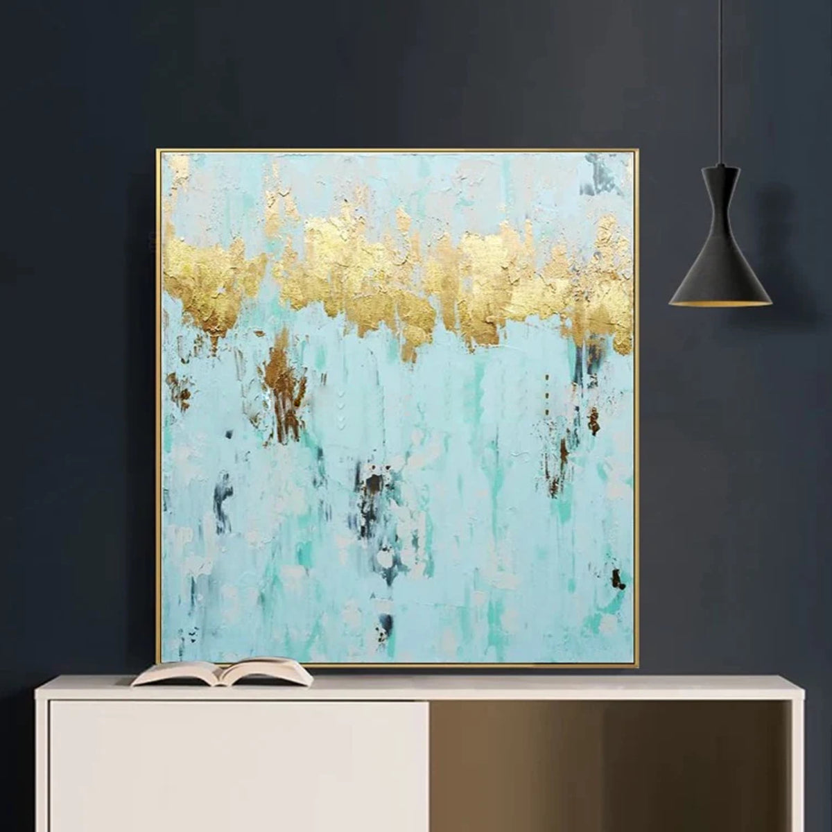 Room mockup. A jagged gold-coloured band stretches across pale turquoise, with scattered brown and dark grey marks below.