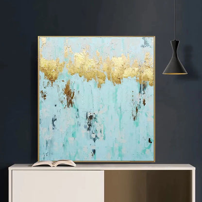Room mockup. A jagged gold-coloured band stretches across pale turquoise, with scattered brown and dark grey marks below.