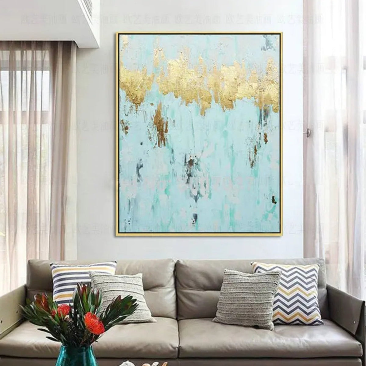 Room mockup. A jagged gold-coloured band stretches across pale turquoise, with scattered brown and dark grey marks below.