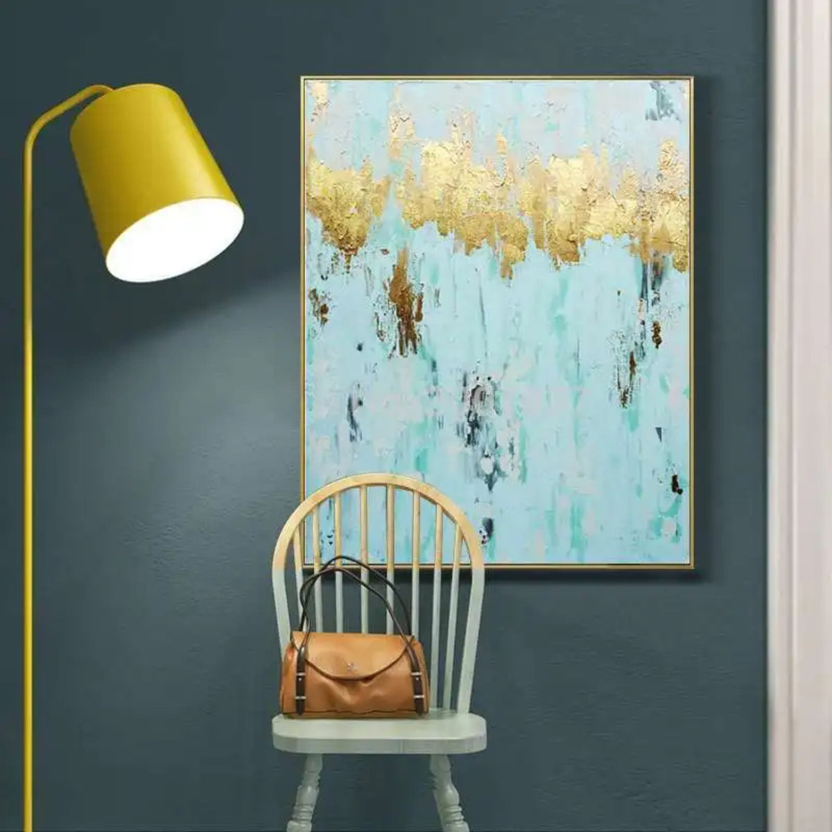 Room mockup. A jagged gold-coloured band stretches across pale turquoise, with scattered brown and dark grey marks below.
