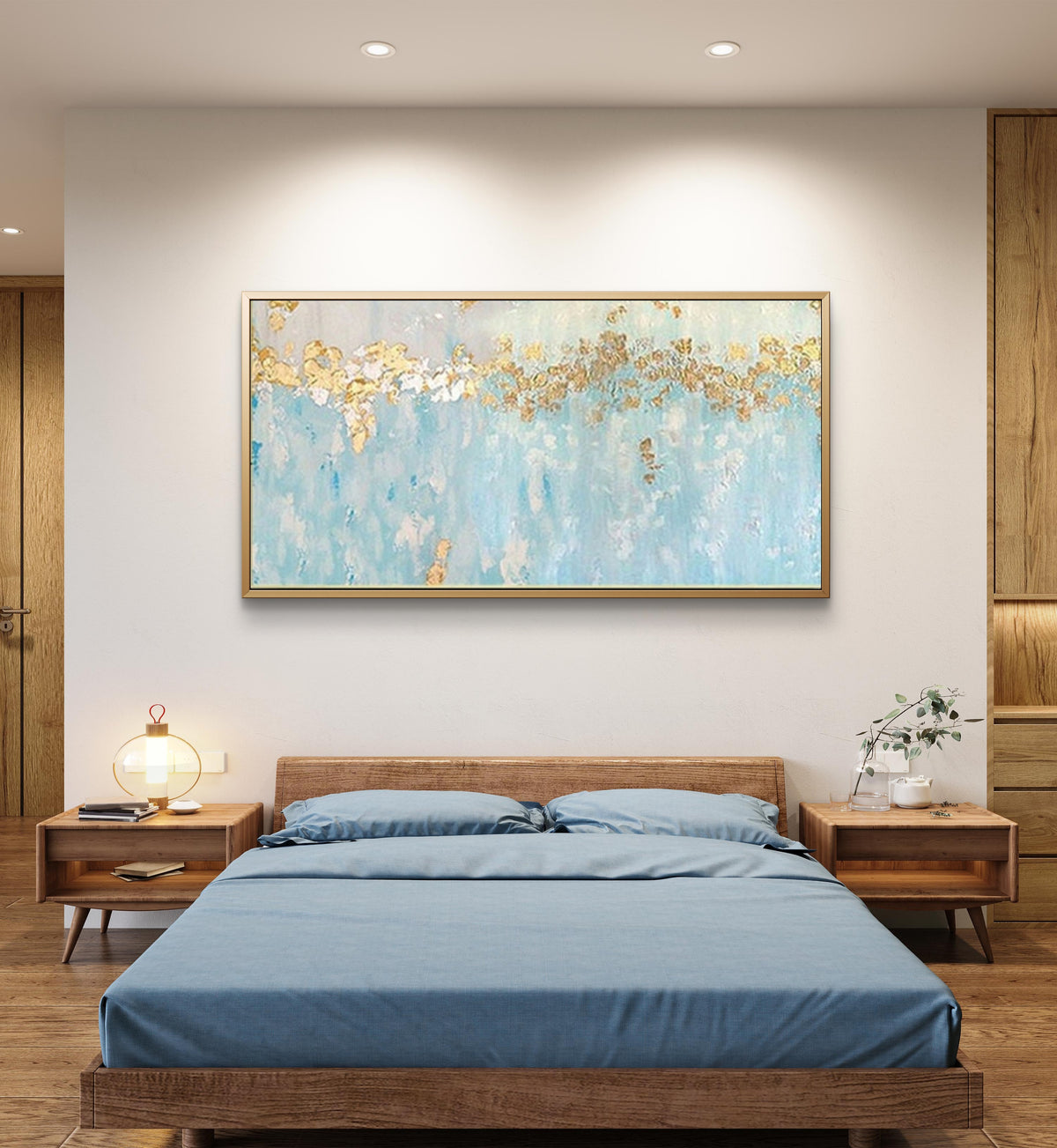 Room mockup. A broken gold-coloured canopy stretches above pale turquoise and white textured strokes and fine drips.
