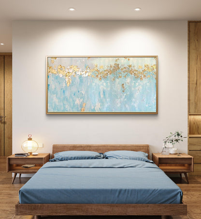 Room mockup. A broken gold-coloured canopy stretches above pale turquoise and white textured strokes and fine drips.