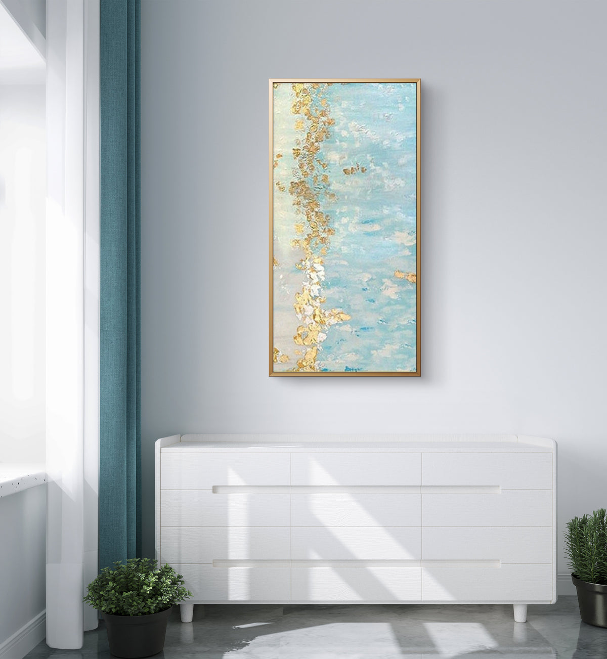 Room mockup. A broken gold-coloured canopy stretches above pale turquoise and white textured strokes and fine drips.