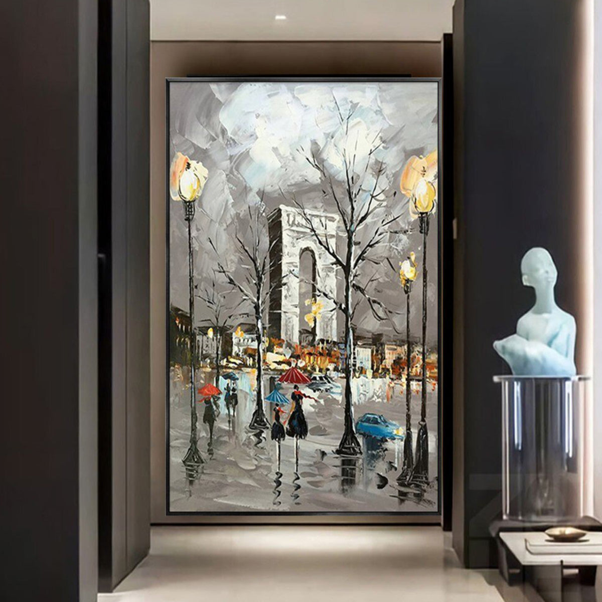 Room mockup. A rainy tree-lined avenue towards the Arc de Triomphe, with streetlamps and colourful umbrellas reflected on grey paving.