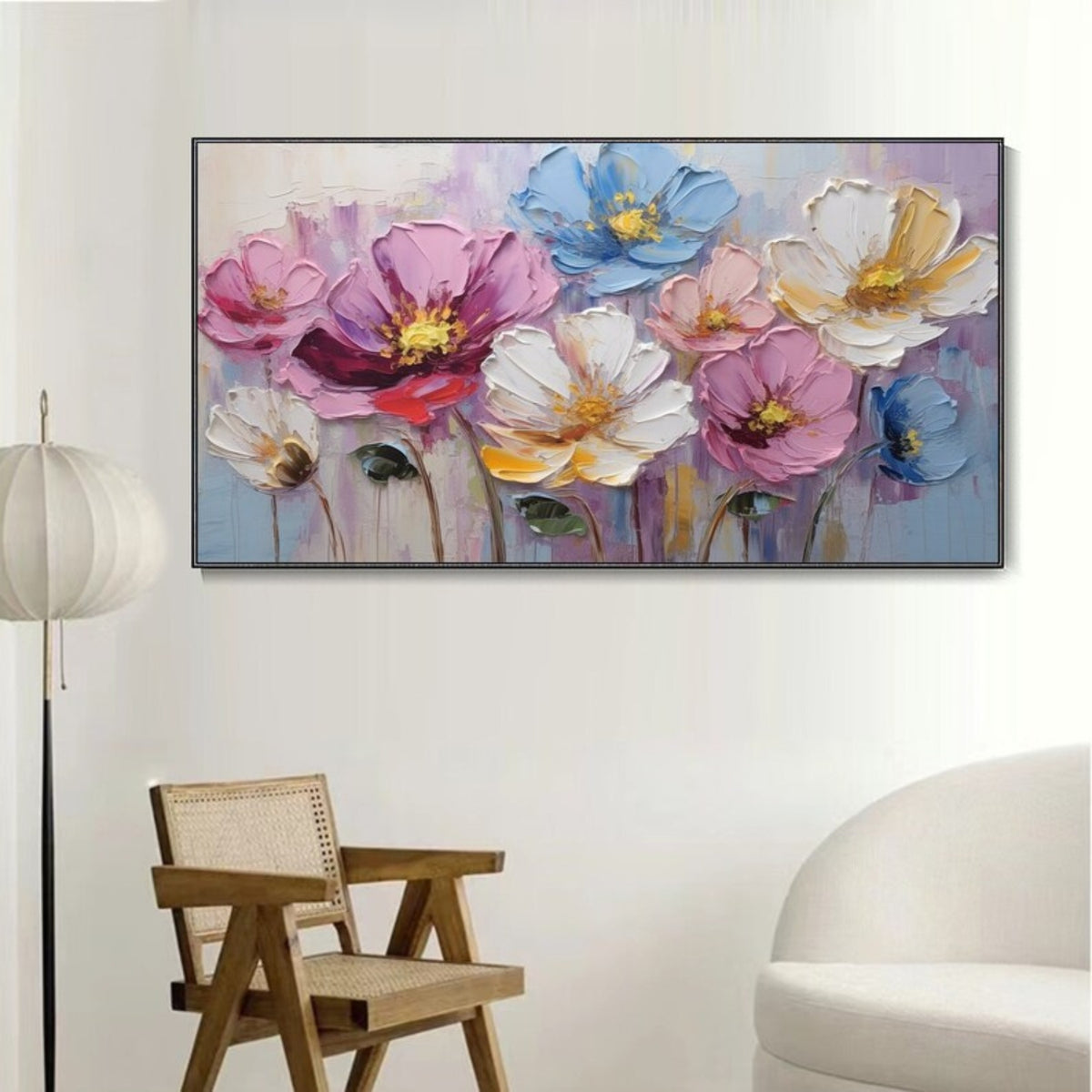 Interior preview of large pastel flowers in blush pink, lavender, cream, soft yellow and blue.
