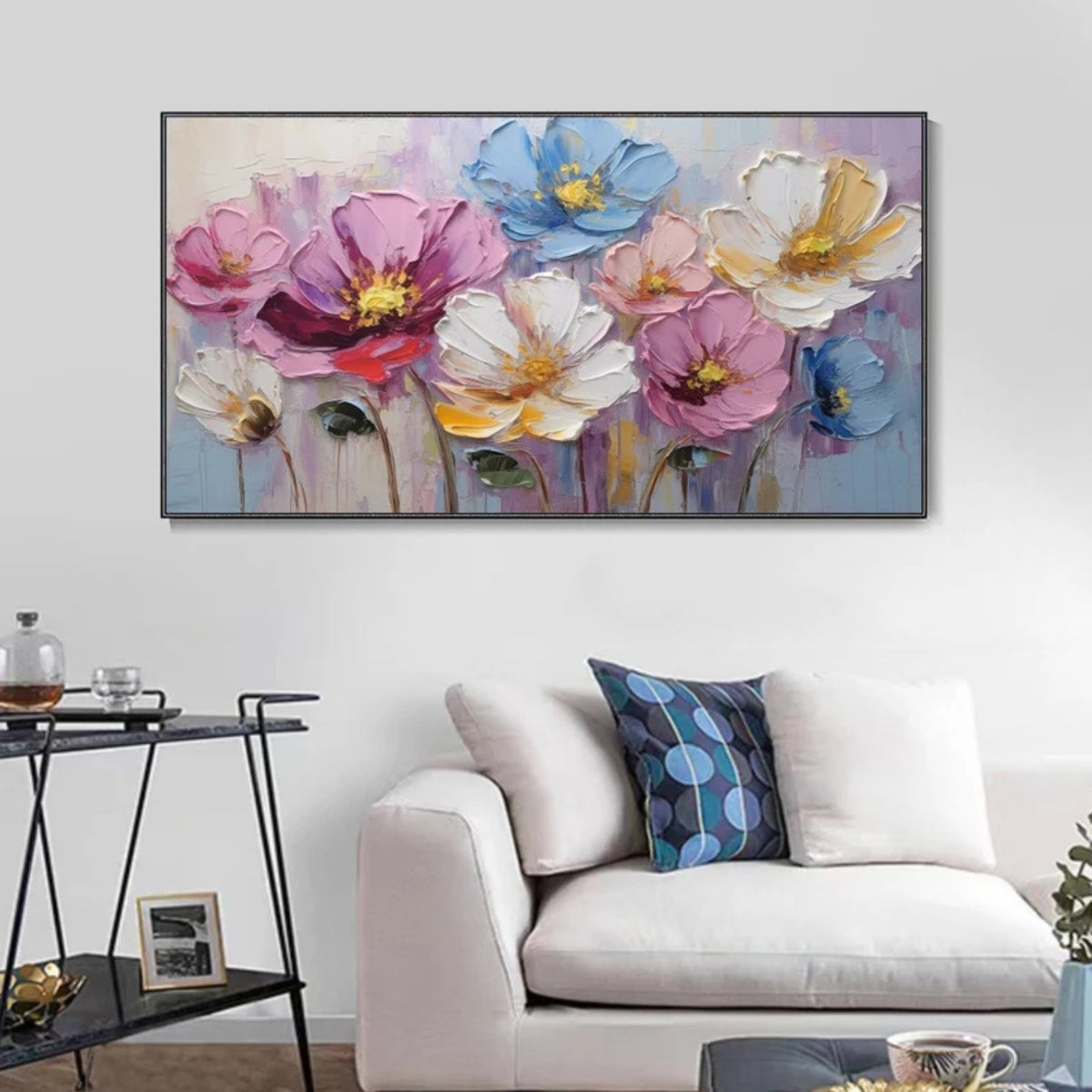 Interior preview of large pastel flowers in blush pink, lavender, cream, soft yellow and blue.