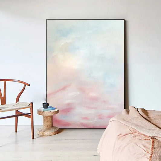 Room mockup showing soft cloud-like washes of pale blue, cream and blush pink with deeper pink near the lower edge.