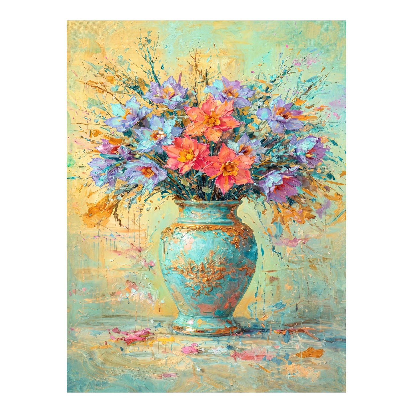 Colourful Floral Vase Painting Blue Gold Textured Art