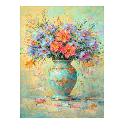 Colourful Floral Vase Painting Blue Gold Textured Art