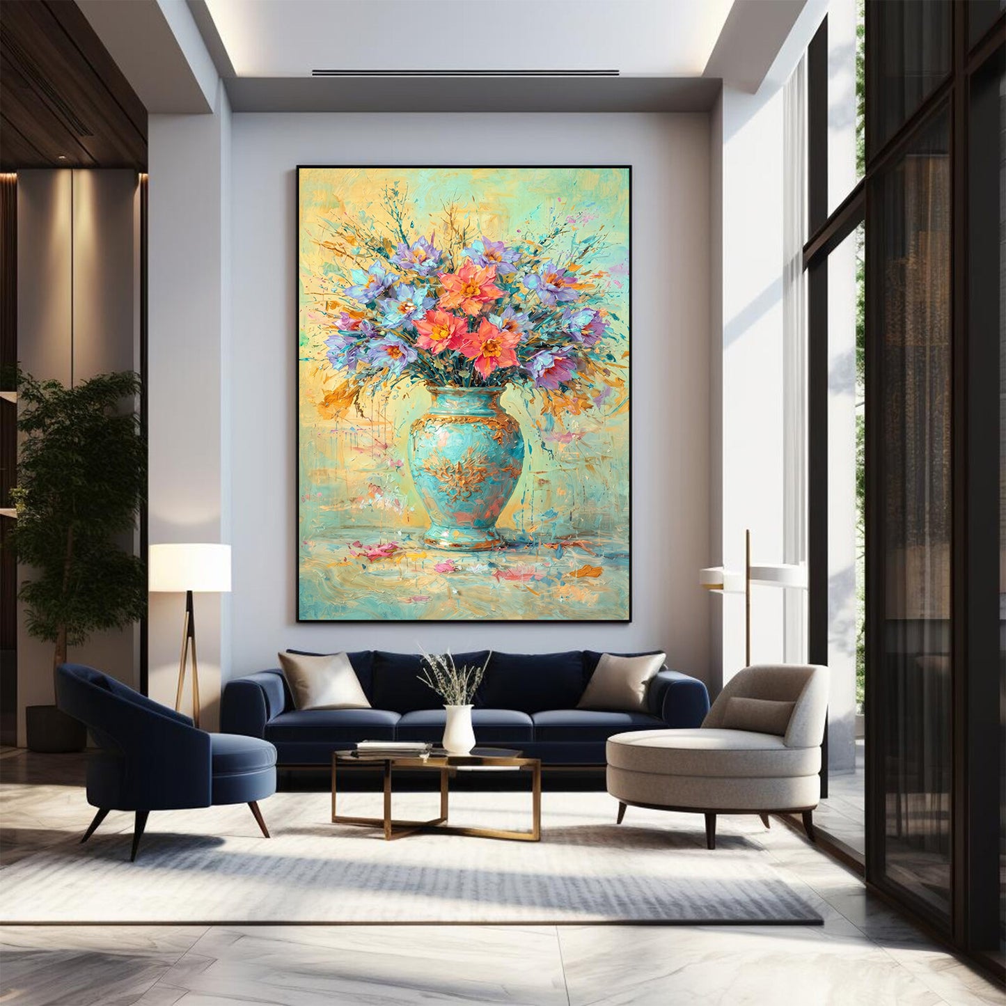Colourful Floral Vase Painting Blue Gold Textured Art