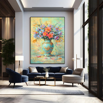 Colourful Floral Vase Painting Blue Gold Textured Art