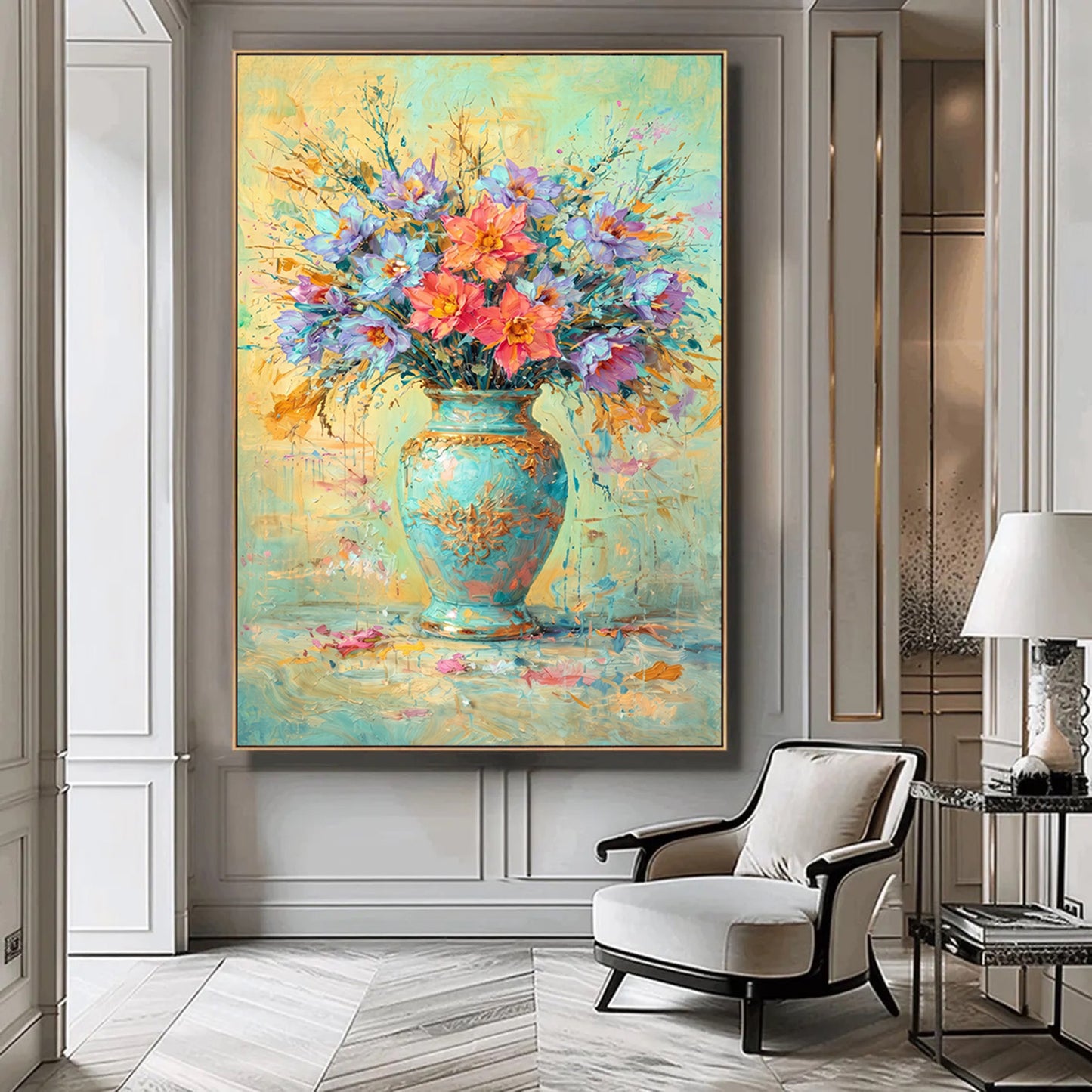 Colourful Floral Vase Painting Blue Gold Textured Art