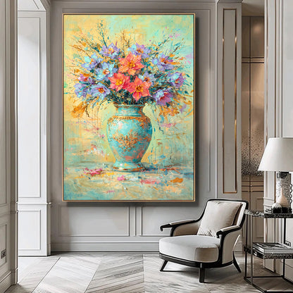 Colourful Floral Vase Painting Blue Gold Textured Art