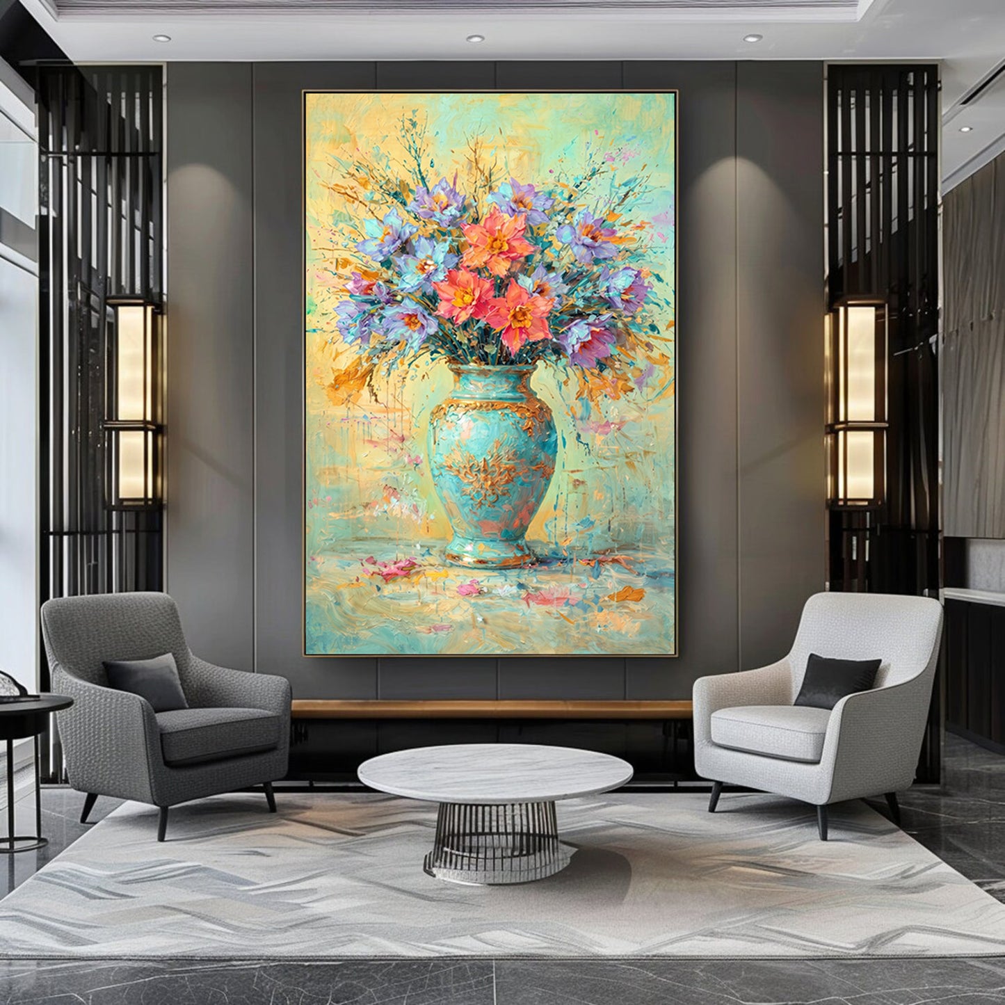 Colourful Floral Vase Painting Blue Gold Textured Art
