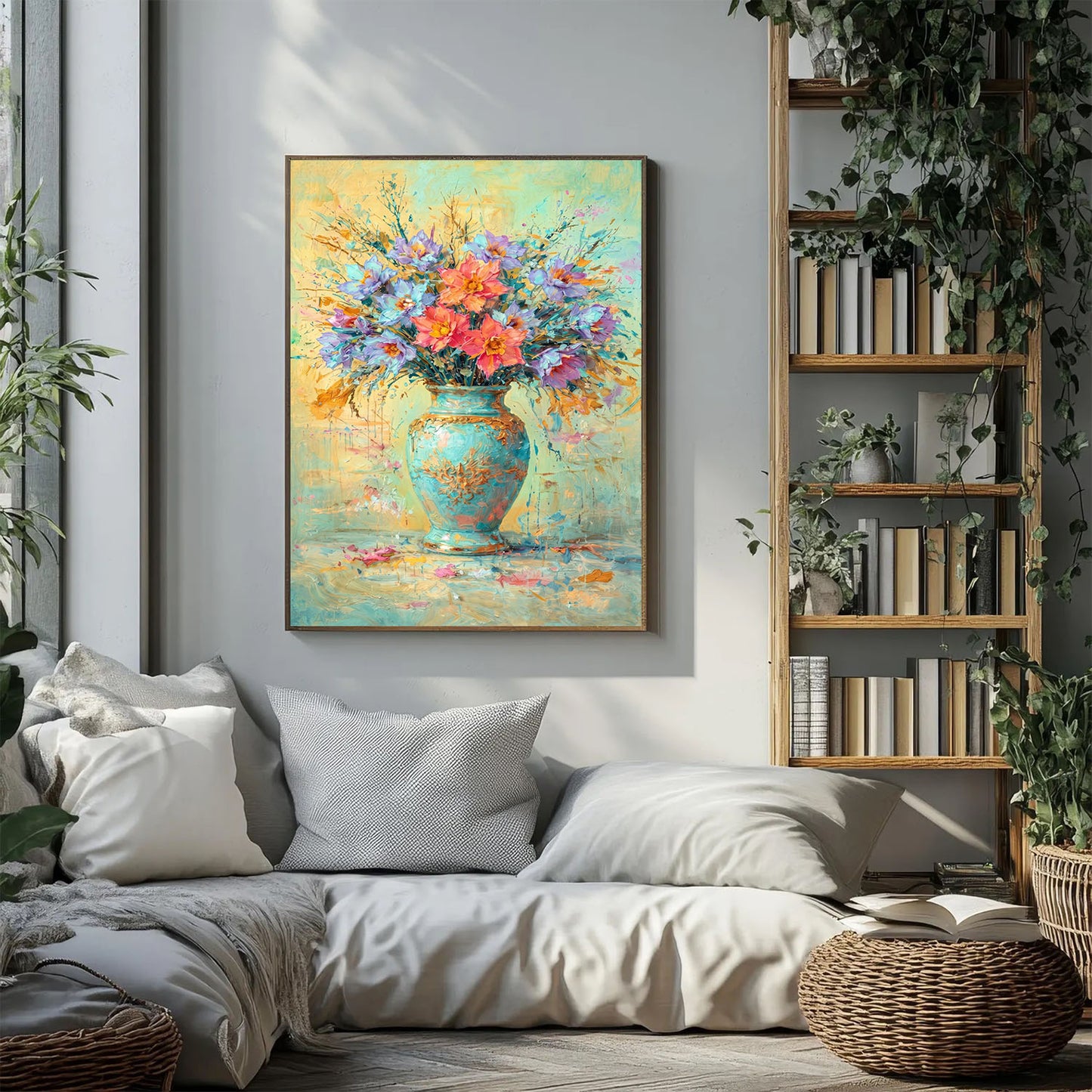 Colourful Floral Vase Painting Blue Gold Textured Art