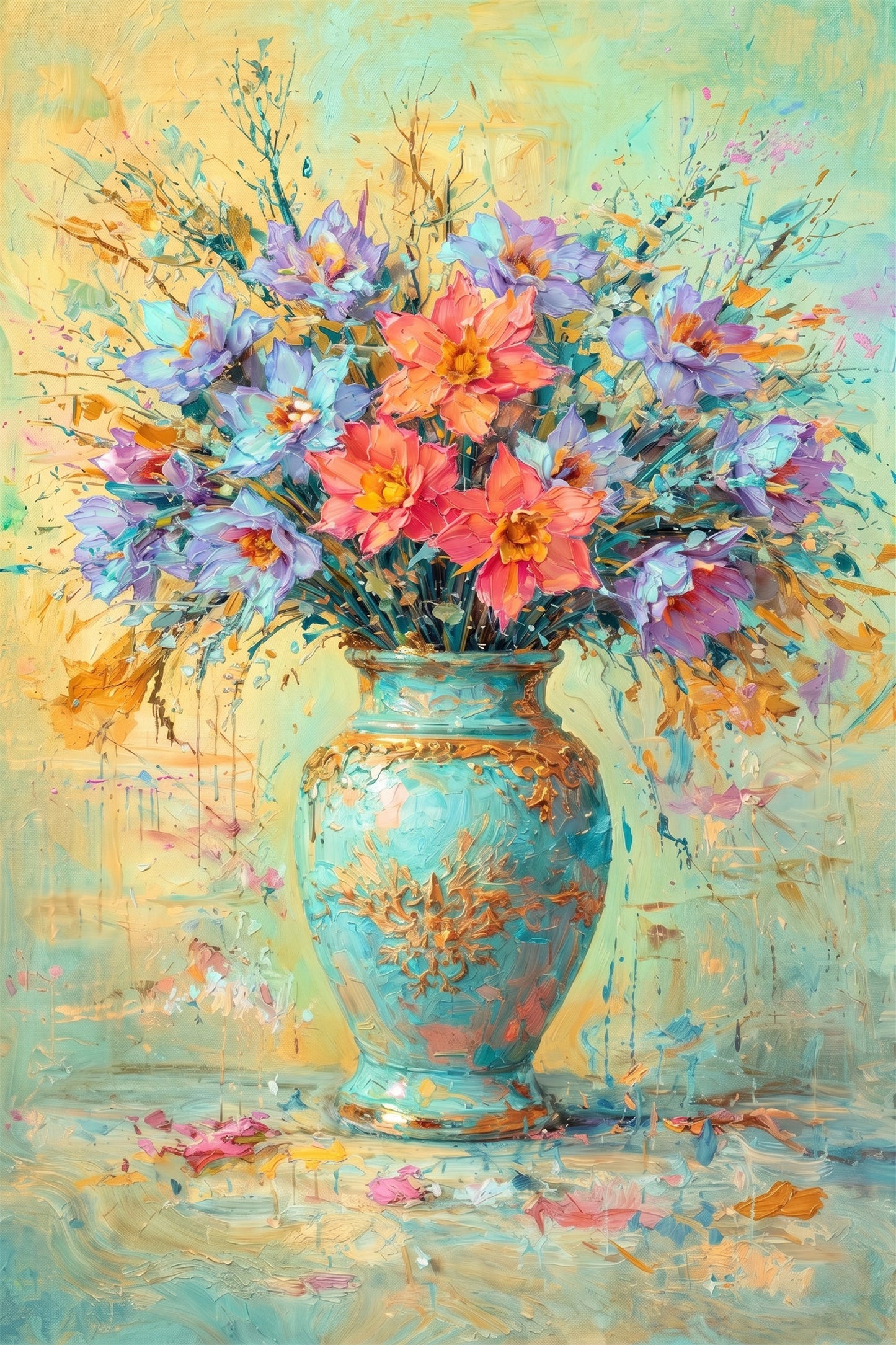 Colourful Floral Vase Painting Blue Gold Textured Art
