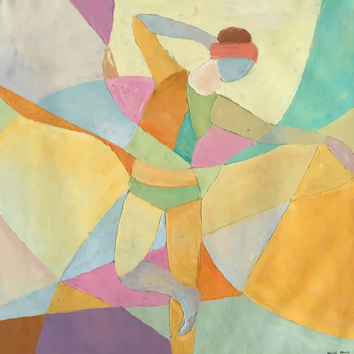 Close-up. A dancer with one arm raised and one leg extended, formed from pastel yellow, mint, pink and blue geometric shapes.