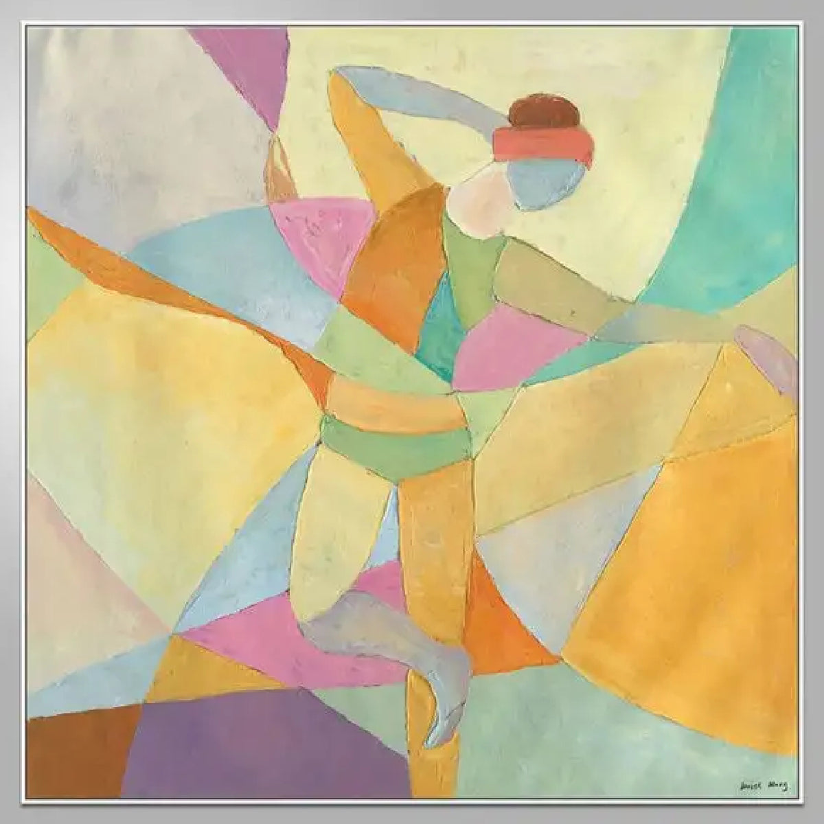 A dancer with one arm raised and one leg extended, formed from pastel yellow, mint, pink and blue geometric shapes.
