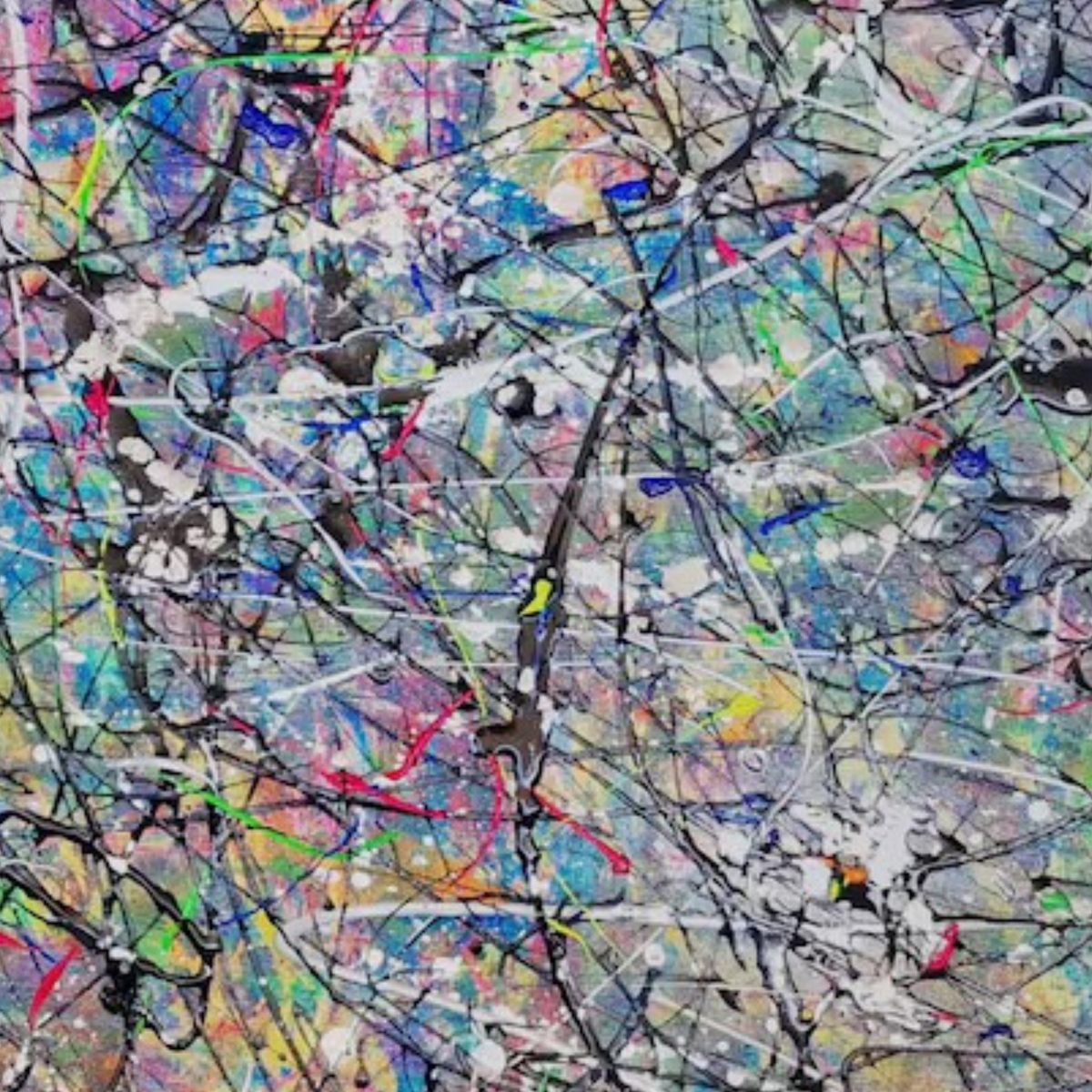 Detail of pink, aqua, green, yellow and purple marks crossed by fine black drips.