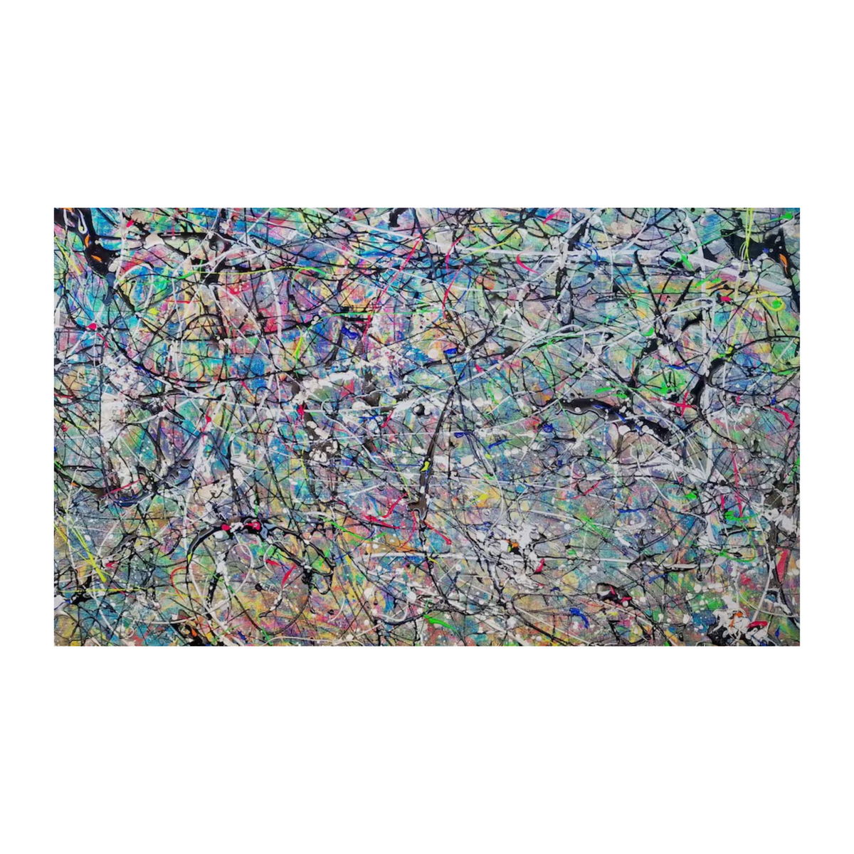 Hand-painted canvas showing pink, aqua, green, yellow and purple marks crossed by fine black drips.