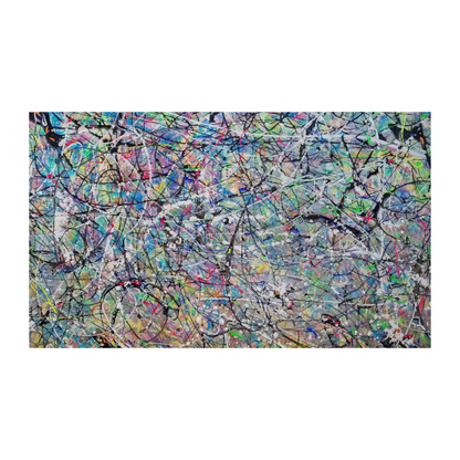 Hand-painted canvas showing pink, aqua, green, yellow and purple marks crossed by fine black drips.