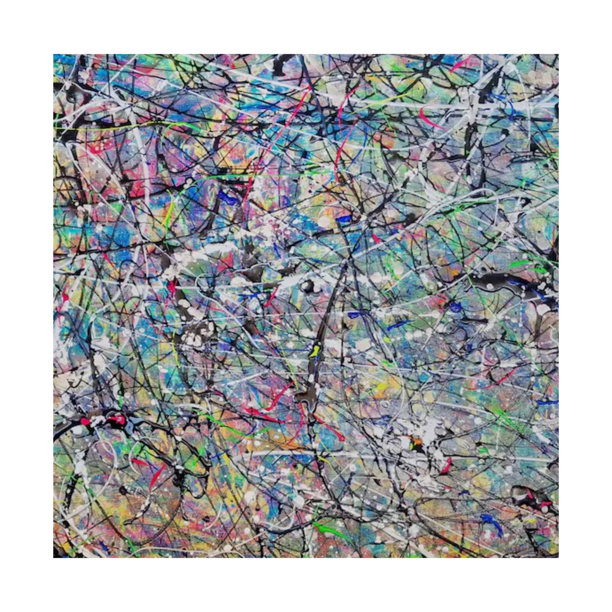 Square crop showing pink, aqua, green, yellow and purple marks crossed by fine black drips.